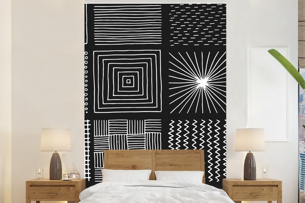 MuchoWow Fototapete für Wohnzimmer oder Schlafzimmer Wandtapete Vinyl Motivtapete Schwarz - Weiß - Abstrakt - Muster - 200x300 cm - Wanddekorat...