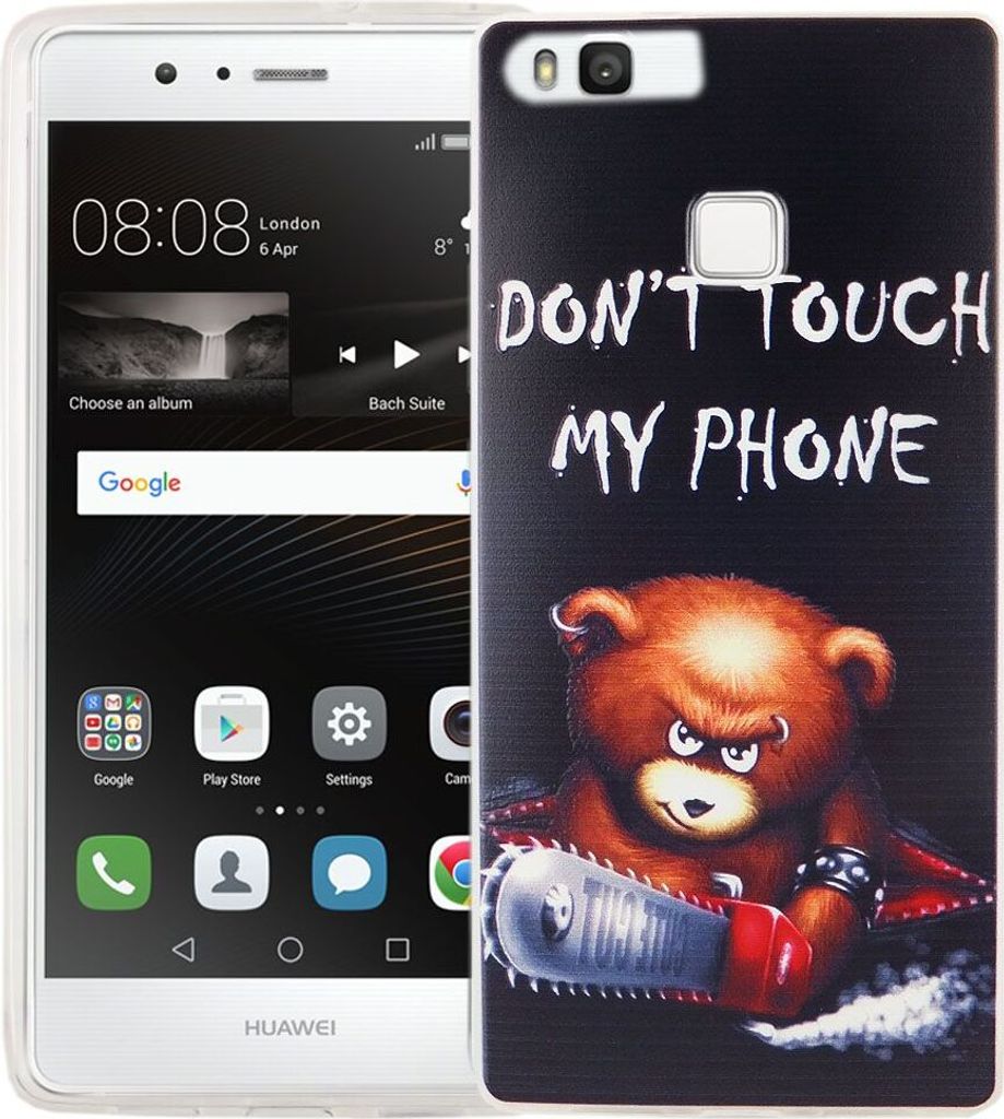 Handy Hülle für Huawei P9 Cover Case Schutz Tasche Motiv Slim Silikon TPU Schriftzug Bär mit Kettensäge