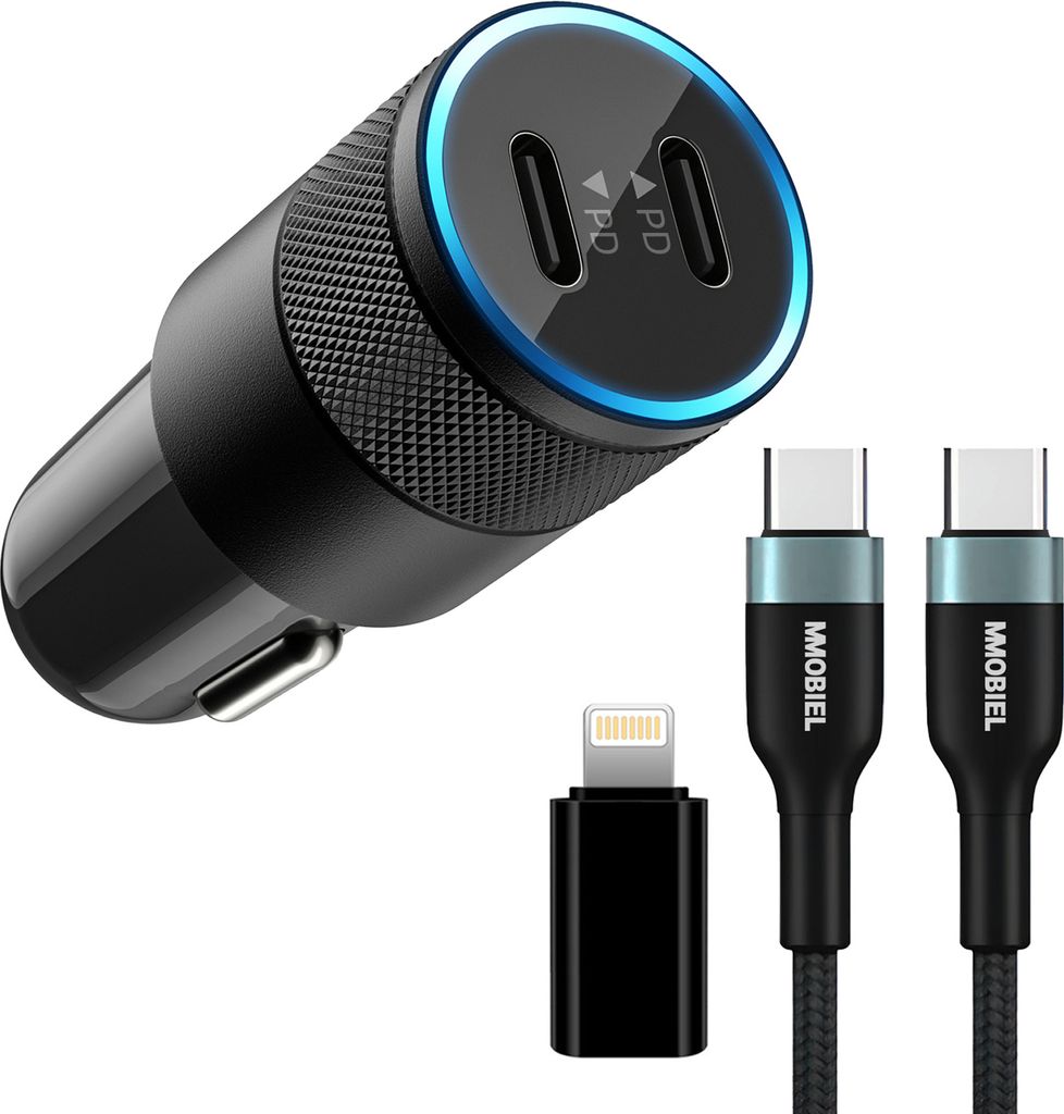 MMOBIEL Autoladegerät 40W mit USB-C Kabel und Lightning Adapter - Geeignet für iPhone 15 / 14 / 13, Samsung Galaxy S24 / S23 /S22 und mehr