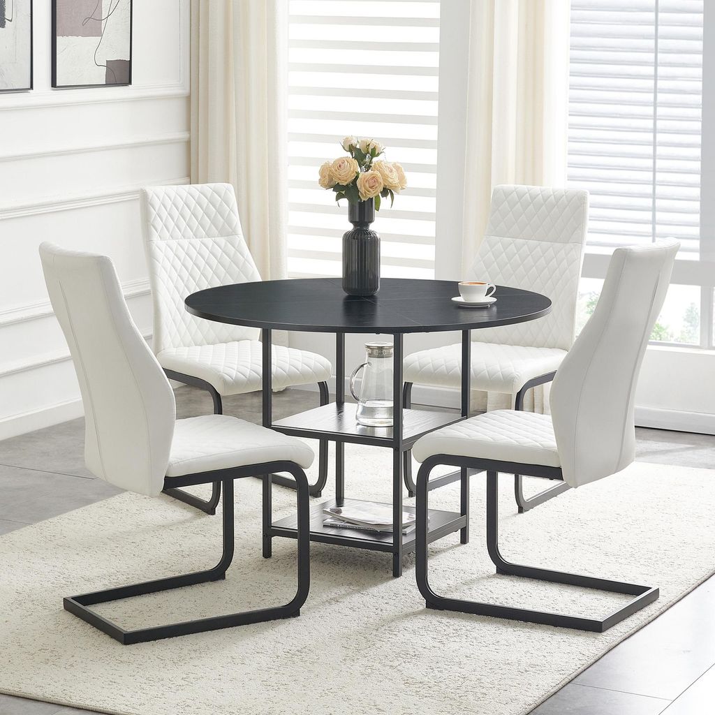 Tisch-Stuhl-Set, 107 cm runder Esstisch mit doppelter Ablage + 4 weiße Esszimmerstühle, schwarz