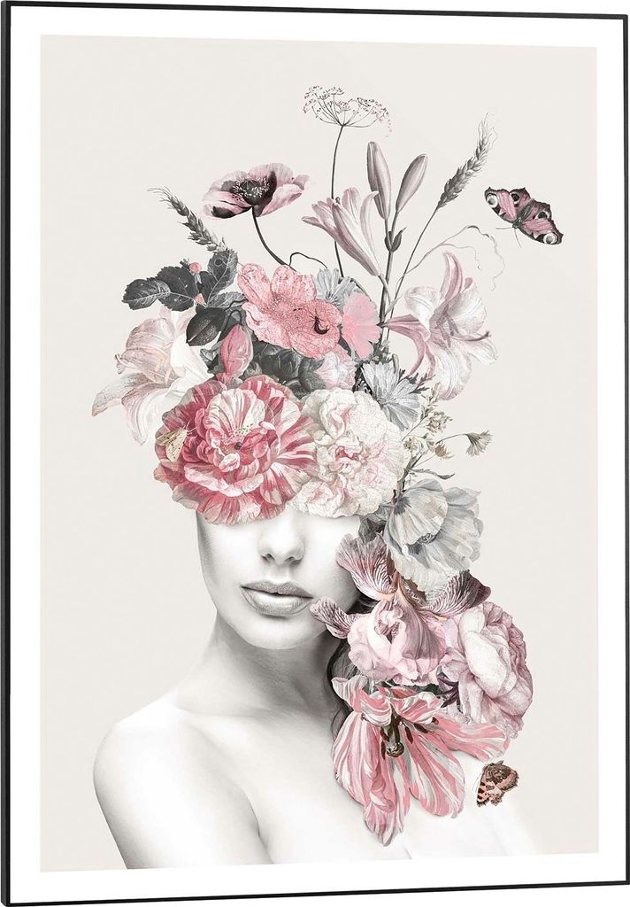 Wandbild - Schwarz - Weiß - 50 x 70 cm - Frau mit Blumenschmuck in grau und rosa