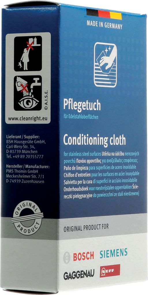 The image shows the packaging of a cleaning cloth for stainless steel surfaces.