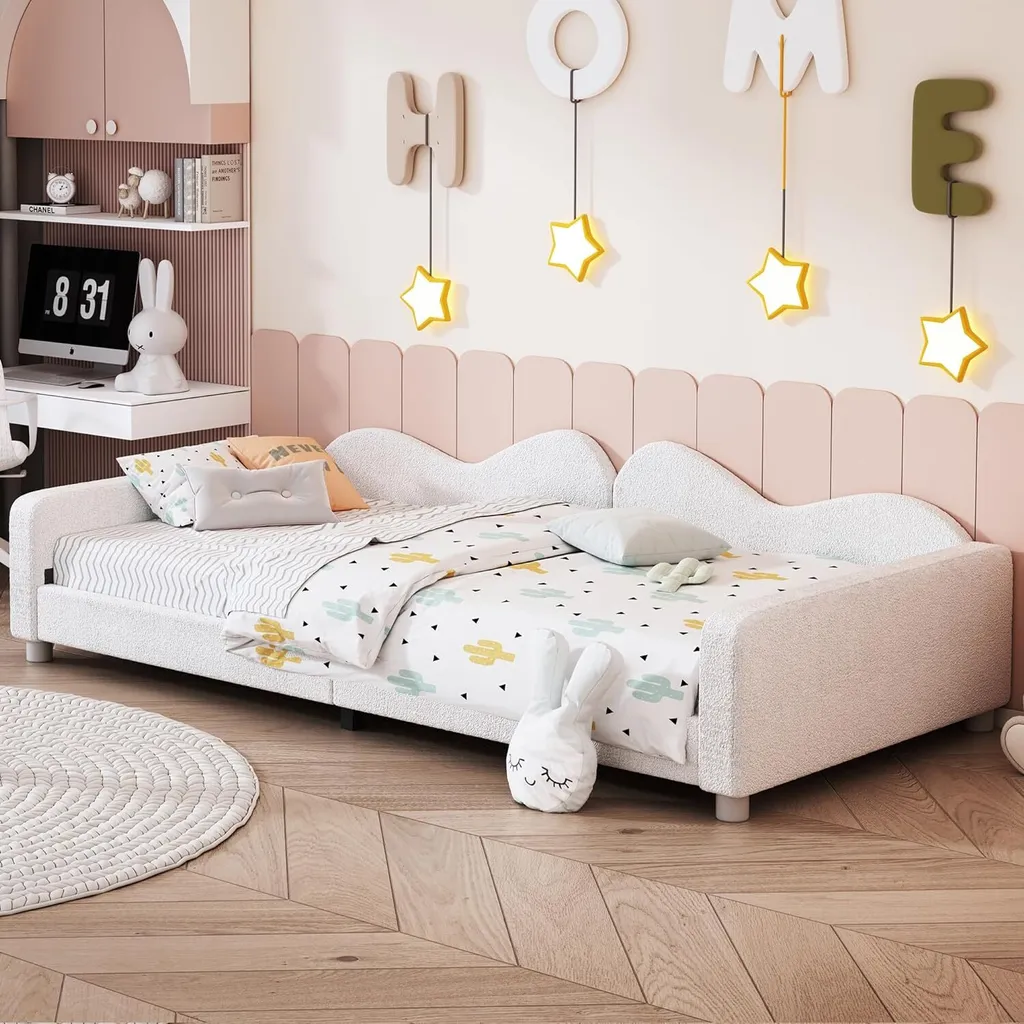 Canapé-lit 90x200 cm en tissu bouclette blanc pour chambre enfant
