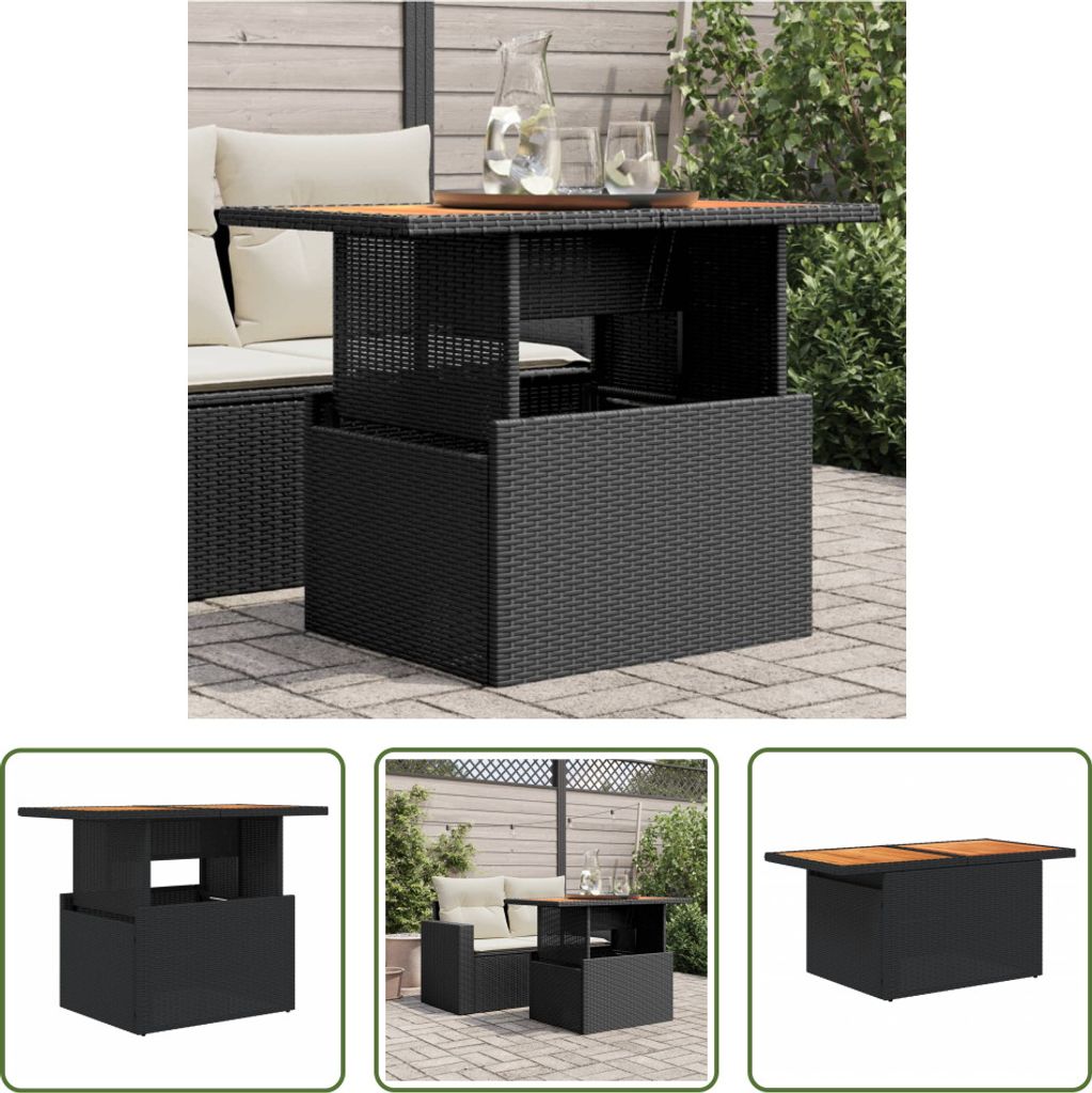 The Living Store Gartentisch Schwarz 100x55x73 cm Poly Rattan und Akazienholz