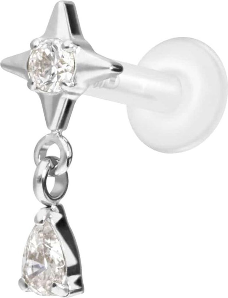 Ohrpiercing, Nasenpiercing PTFE Labret mit Innengewinde + Titan-Aufsatz STERN + KRISTALLTROPFEN Silber Stablänge: 7mm | Stabstärke: 1,6mm