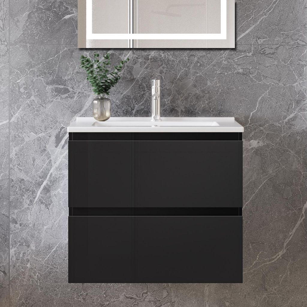 60 cm Badmöbel-Set Unterschrank mit dünn Keramik waschtisch 2 Schubladen soft-close Hochglanz Schwarz Selbstmontierter