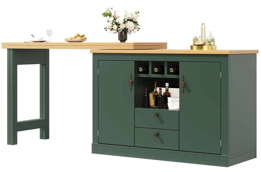 Table haute 360° modulable vert foncé, buffet extensible avec étagères - 15