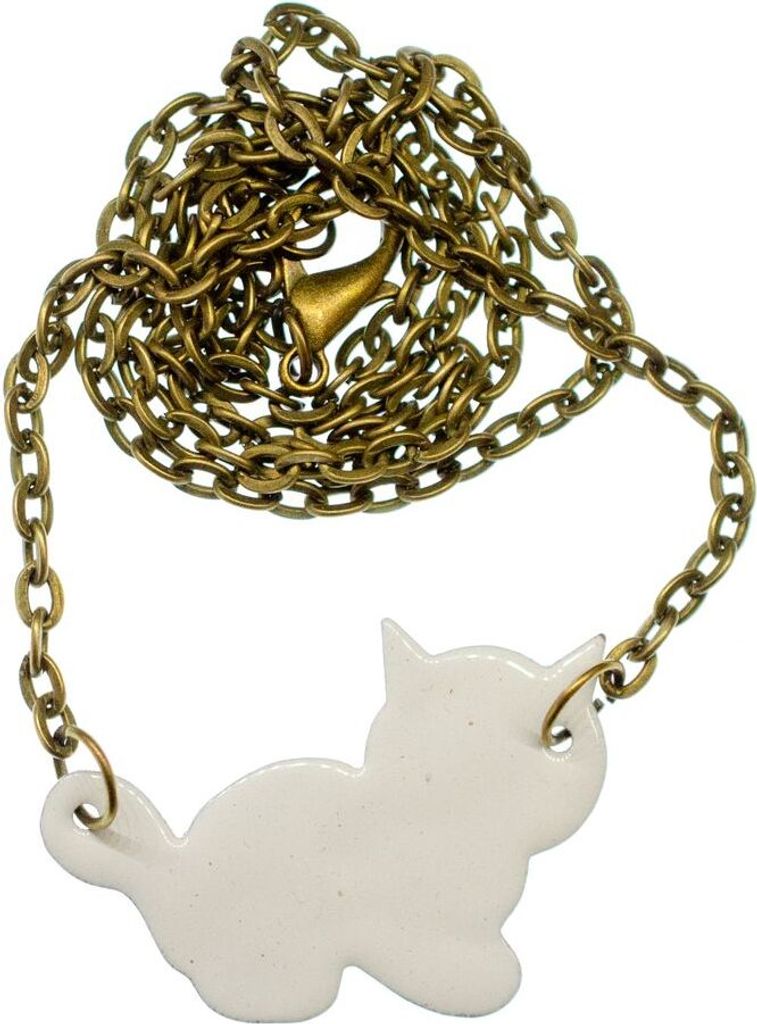 Emaille Katze Kette Miniblings Halskette Katzenkette emailliert 45cm Cat weiß