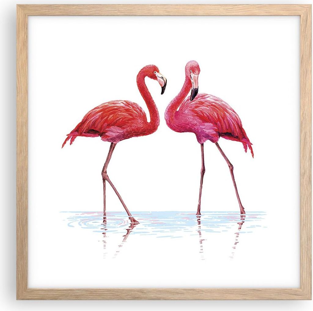 Gerahmtes Poster - Rahmen in heller Eiche - Flamingos Rosa Paar - 40x40 cm - Wand Bild - Wanddeko - Wandbilder - Wandposter - Bilderrahmen - Bilder...