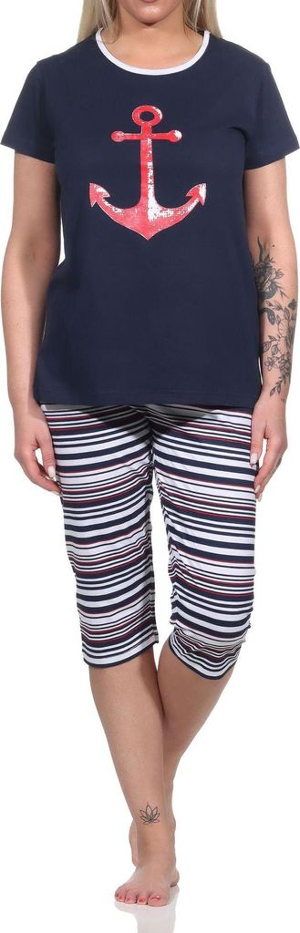 Damen Capri Schlafanzug kurzarm Pyjama mit Anker-Motiv und Ringeln - 204 755 ; navy , 36-38