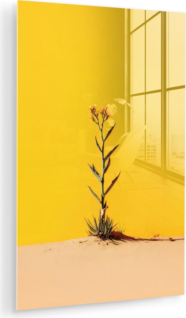 MuchoWow Glasbilder - Bilder auf Wandbild - Foto auf Glas Sand - Pflanze - Gelb - Minimalistisch 80x120 cm Wanddekoration aus Glas - Acrylglasbild ...