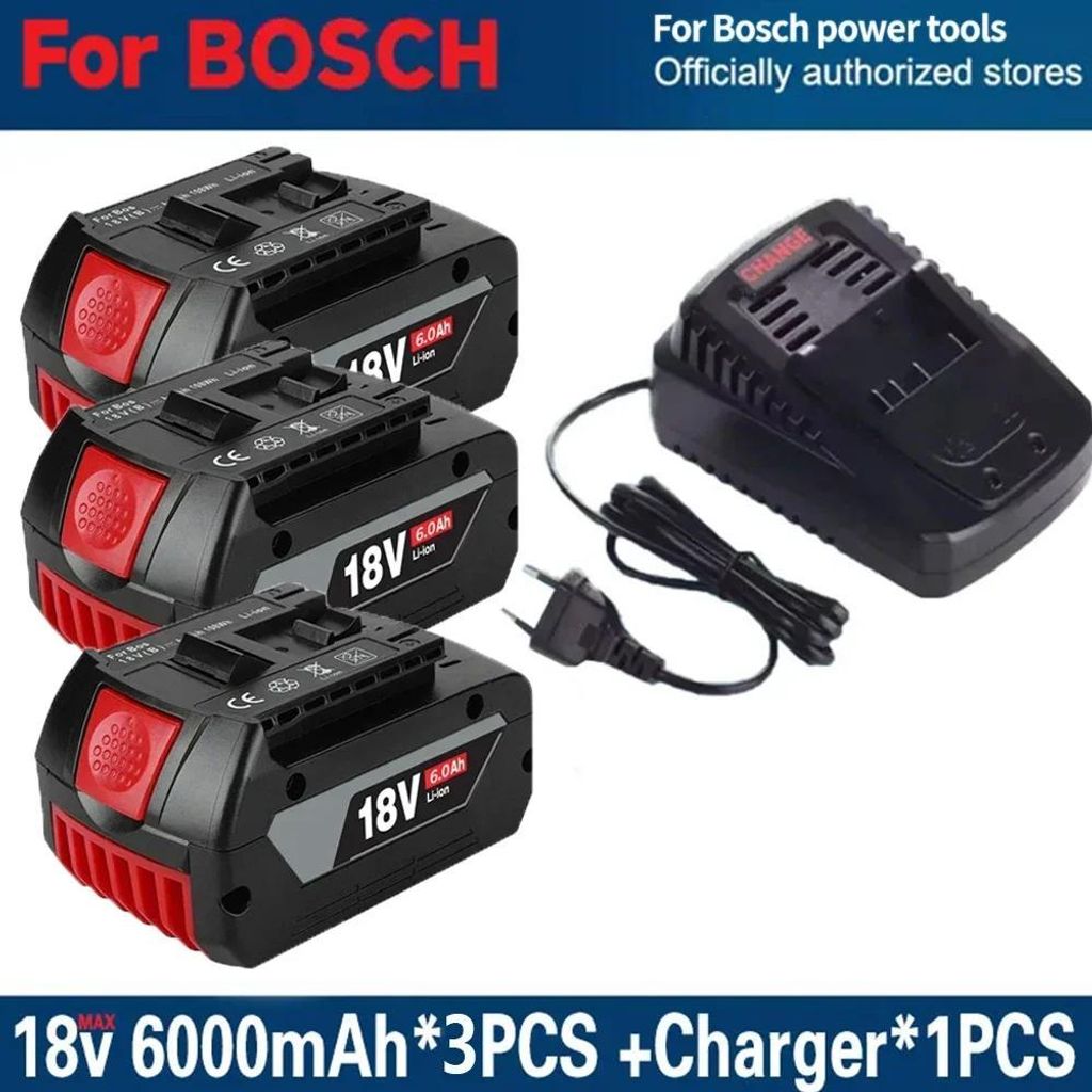 18V Akku-Set für Elektrowerkzeuge - Lithium-Ionen (Li-Ion) Akku - 6,0Ah 6000 mAh - 3 Stück - Ladegerät 1x - Orange