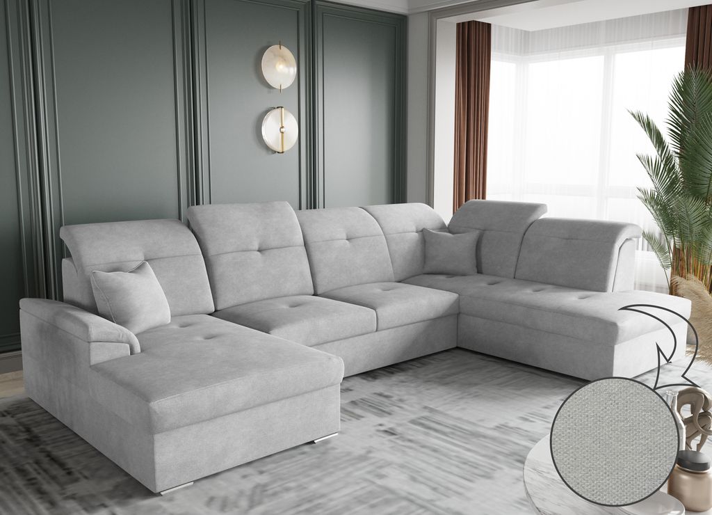 Kaiser Möbel Ecksofa mit schlaffunktion und bettkasten, Schlafsofa, Sofa U Form, Couch U Form BARON stoff Brooklyn Hellgrau Links