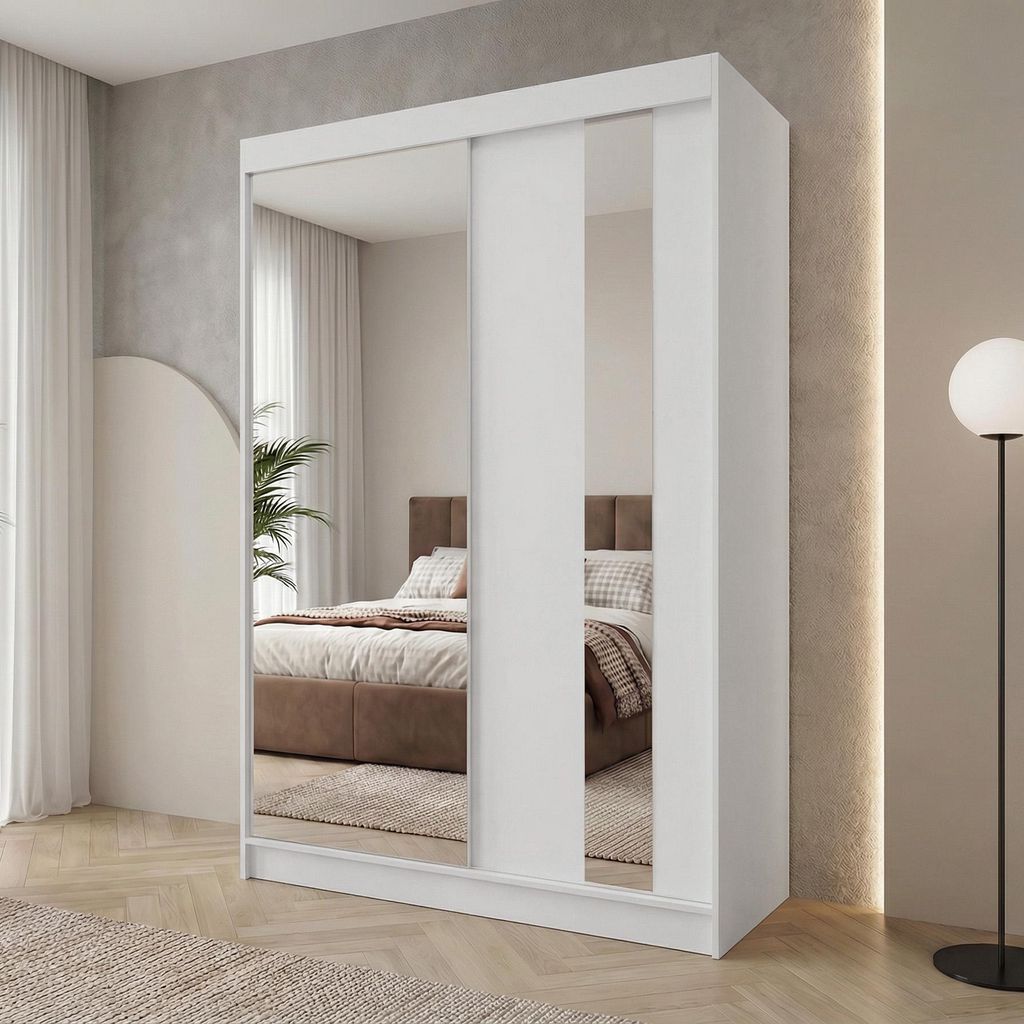 BEAUTYSOFA | Kleiderschrank GAJA 150 cm Weiß, Schrank mit Spiegel und Schubkasteneinsätze – 2-türiger Schiebetürenschrank Schlafzimmerschrank