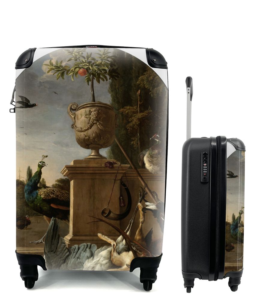 MuchoWow Koffer Handgepäck Trolley Rollkoffer Kleine Reisekoffer mit 4 Rollen - Jagdstiefel auf einer Plattform - Gemälde von Melchior d'Hondec...