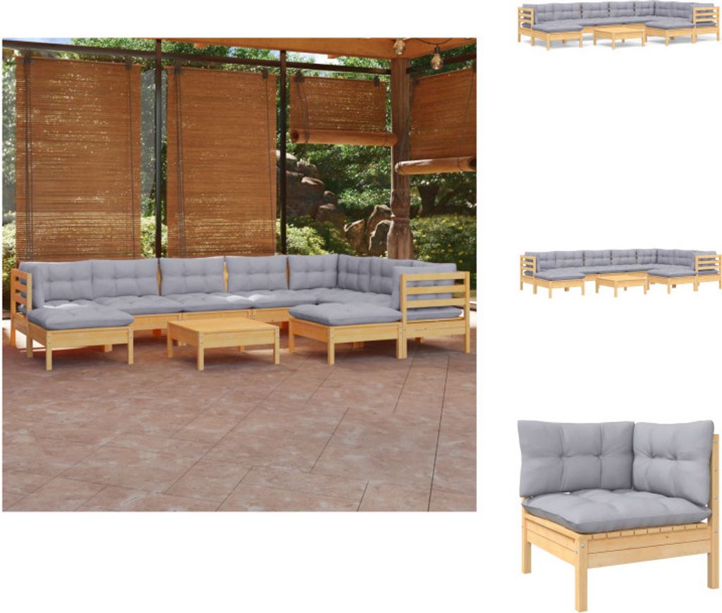 vidaXL 10-tlg. Garten-Lounge-Set mit Grauen Kissen Kiefer Massivholz - Gartenmöbel-Sets