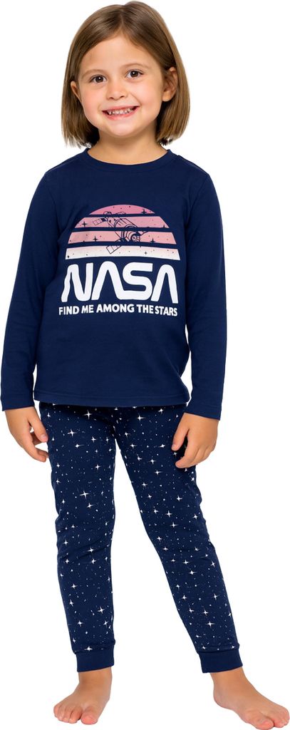 NASA Schlafanzug für Mädchen - Kinder Pyjama Set Langarm Oberteil mit Hose Blau 122-128