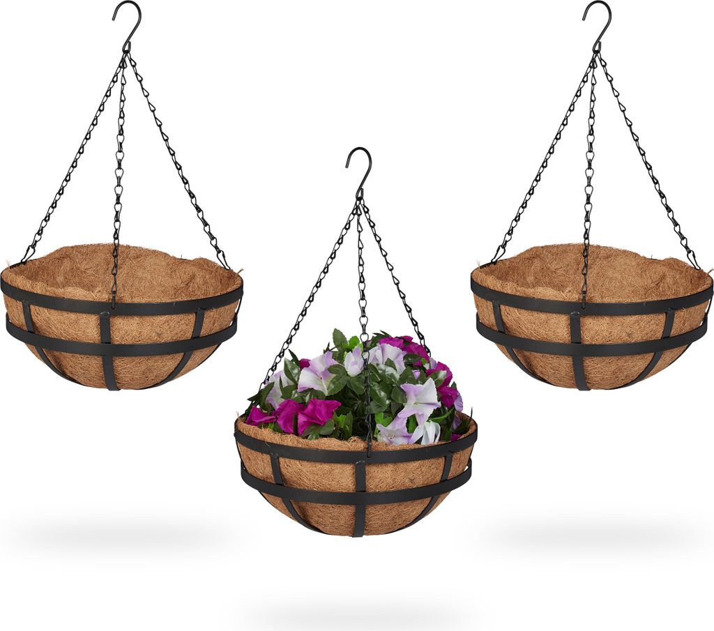 Relaxdays Blumenampel 3er Set, Kokoseinlage, HxD: 50x31 cm, Produktbild 