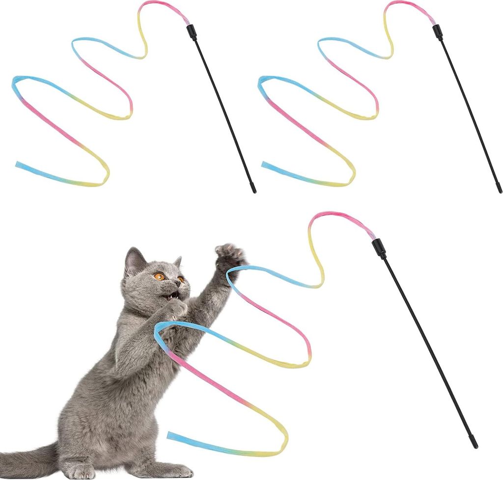 Regenbogen-Katzenangel-Spielzeug, 3-teilig, Regenbogenband-Spielangel fš¹r das Kitten-Training, interaktiver Fang- und Spielstab fš¹r Kitten un...