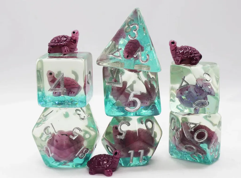 Dés de JDR Gummy Turtle translucides - Set de 7 dés en résine premium