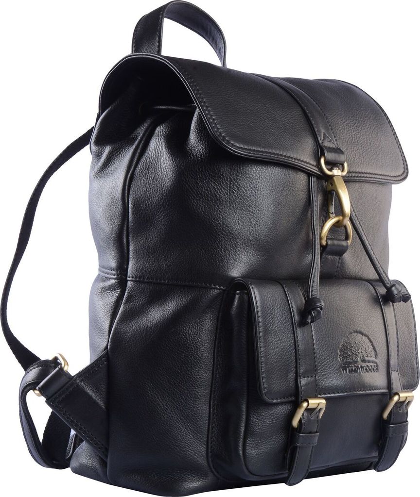 WILD WOODS - Rucksack Herren Leder Schulrucksack Fahrradrucksack Wanderrucksack Lederrucksack Rindsleder Schwarz