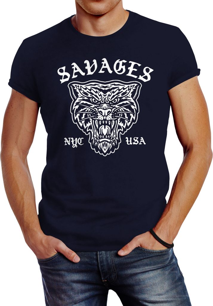 Herren T-Shirt Tiger Vintage Print Slim Fit Neverless navy M
