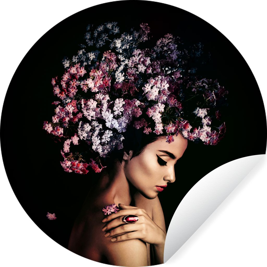 MuchoWow Runde Wandtattoo - Wandsticker Tapete Aufkleber Blossom - Frau - Rosa - Luxus Ø 50 cm Selbstklebend und Repositionierbar - Wandaufklebe...