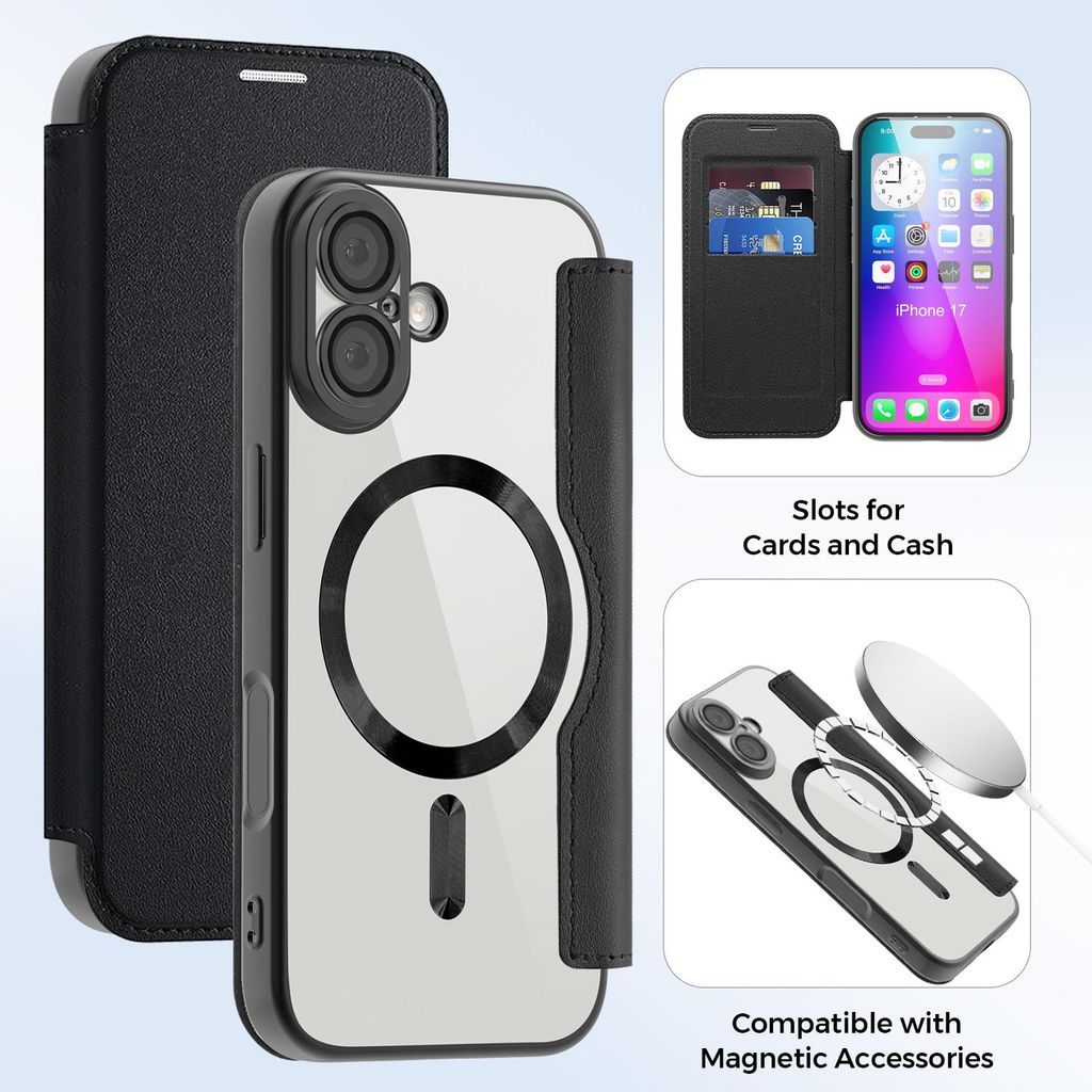 Klapphülle für iPhone 17 Kompatibel mit Magsafe, Klar Überzug Kartenhalter Ledertasche mit Kameraschutz Schwarz
