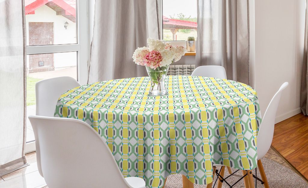 ABAKUHAUS Geometrisch Runde Tischdecke, Octagons und Squares Kunst, Kreis Tischdecke Abdeckung für Esszimmer Küche Dekoration, 150 cm, Gelb und H...