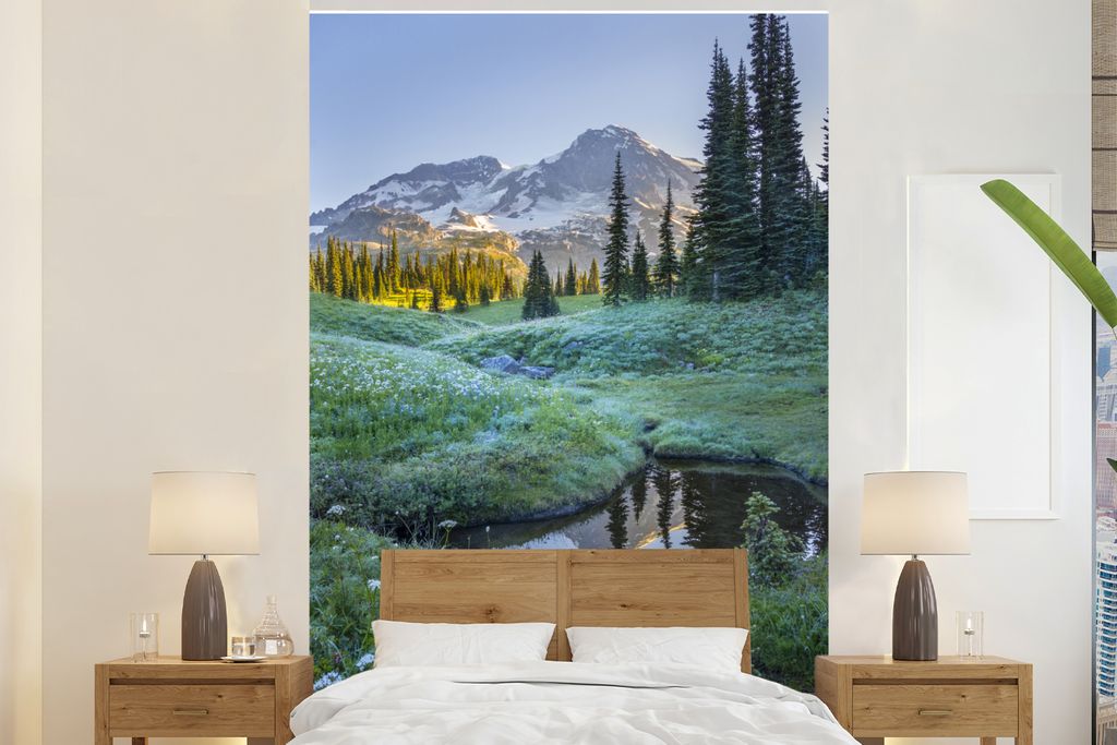 MuchoWow Fototapete für Wohnzimmer oder Schlafzimmer Wandtapete Vinyl Motivtapete Die grüne Natur des Mount Rainier National Park - 145x220 cm ...