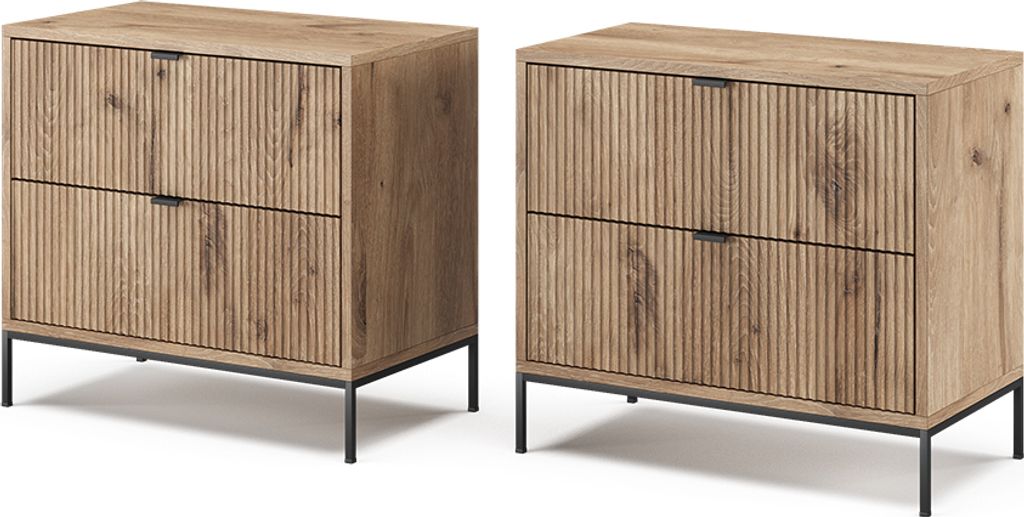 Two identical wooden nightstands with ribbed drawer fronts and black metal legs are shown against a white background.