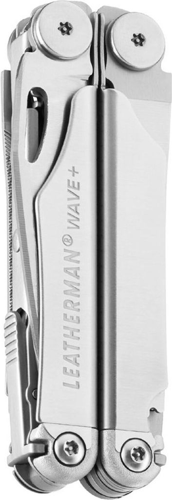 A close-up, studio shot of a Leatherman Wave+ multitool, presented in a closed, vertical position against a white background.