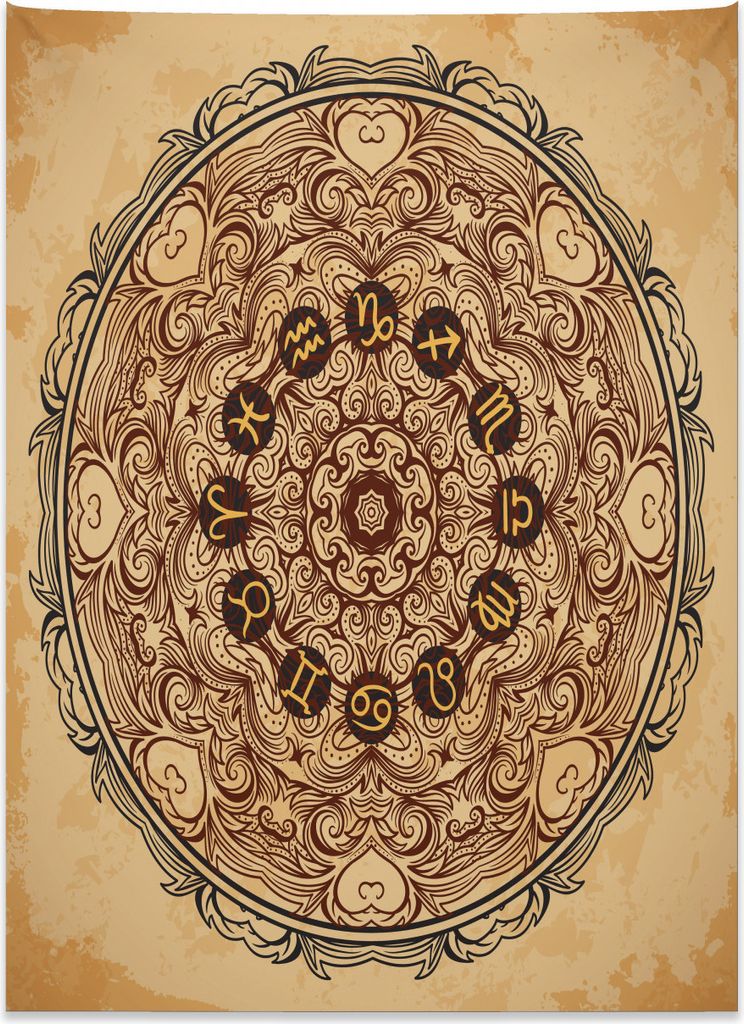 Abakuhaus Bräunen Wandteppich, Östlicher Mandala-Tierkreis aus Weiches Mikrofaser Stoff Kein Verblassen Klare Farben Waschbar, 110 x 150 cm, Brau...