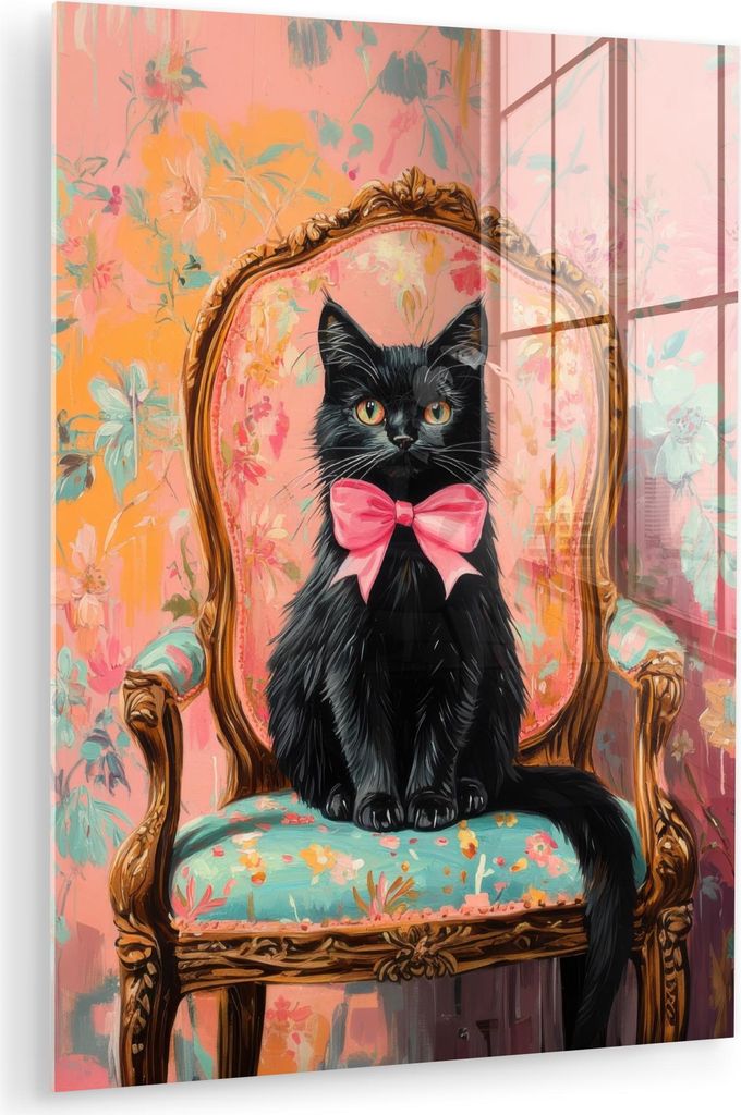 MuchoWow Glasbilder - Bilder auf Wandbild - Foto auf Glas Katze - Rosa - Stuhl mit Blumenmuster 60x80 cm Wanddekoration aus Glas - Acrylglasbild - ...