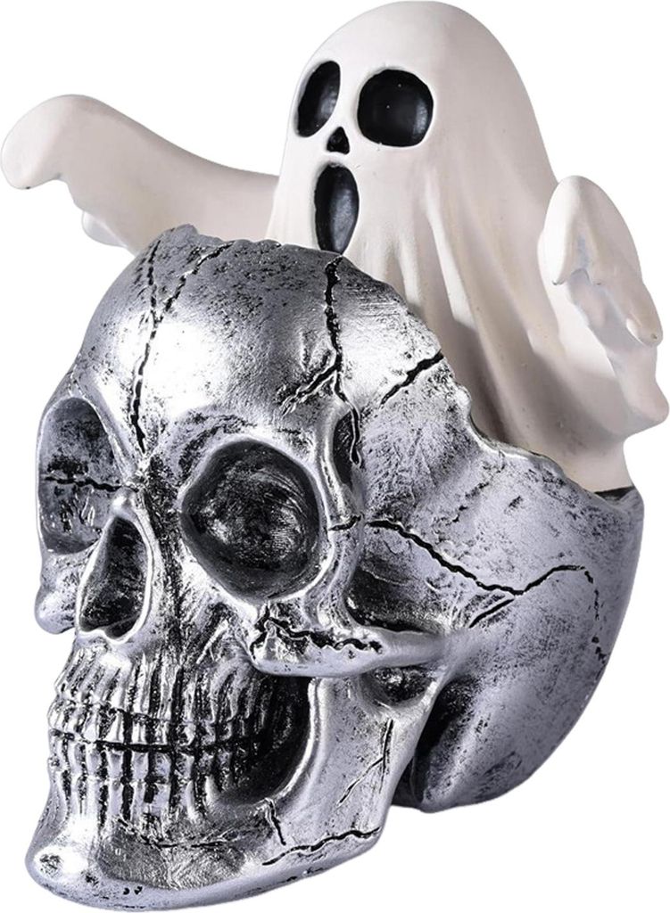 Mini-Totenkopf mit Geisterfigur, gruseliger Skelettkopf, Geister-Halloween-Dekor für die gotische Veranda, Innenbereich, Büro, Schreibtisch, Tisc...