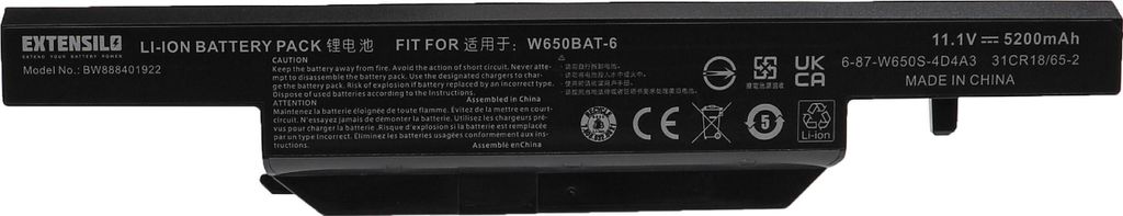 EXTENSILO Akku kompatibel mit Clevo W650SC, W650S, W650, W650SR, W650SJ, W650SH, W670SJQ, W650SZ Notebook (5200 mAh, 11,1 V, Li-Ion)