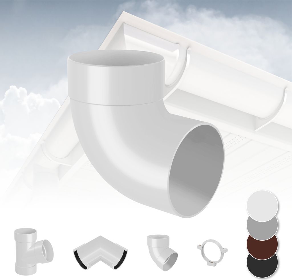 RAINWAY S Regenrinnen System (Rohrbogen 87° einfach weiß) - PVC-U Kunststoff in 4 Farben, für Dachflächen < 100m² empfohlen, Eckstück Bogen 8...