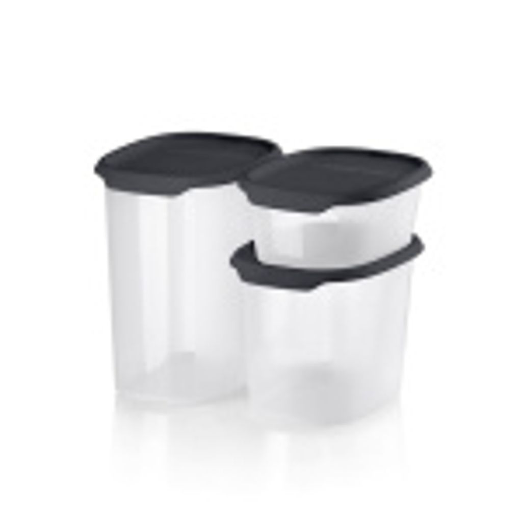 Three clear plastic food storage containers with black lids are arranged on a white background.