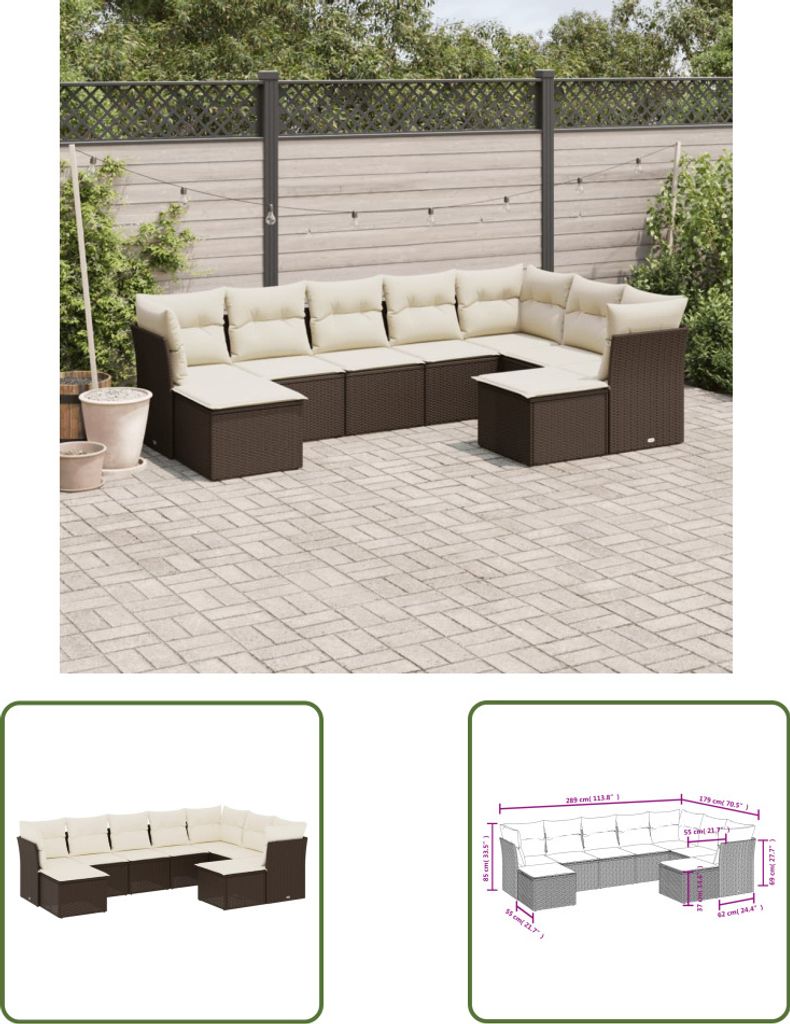 The Living Store 9-tlg. Garten-Sofagarnitur mit Kissen Braun Poly Rattan