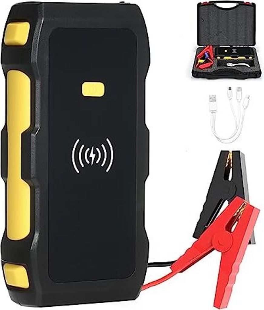 Starke Power Car Jump Starter Bank mit großer Kapazität 1200A Peak 12V tragbare Batterie -LED -Licht/USB -Sicherheitsschutz Wireless Schnellladung