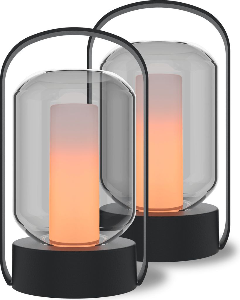 Calex Como Tischlampe, wiederaufladbar, kabellos, dimmbar, Feuereffekt, warmweißes Licht, wasserdicht, Aluminium, Schwarz, 2er Pack