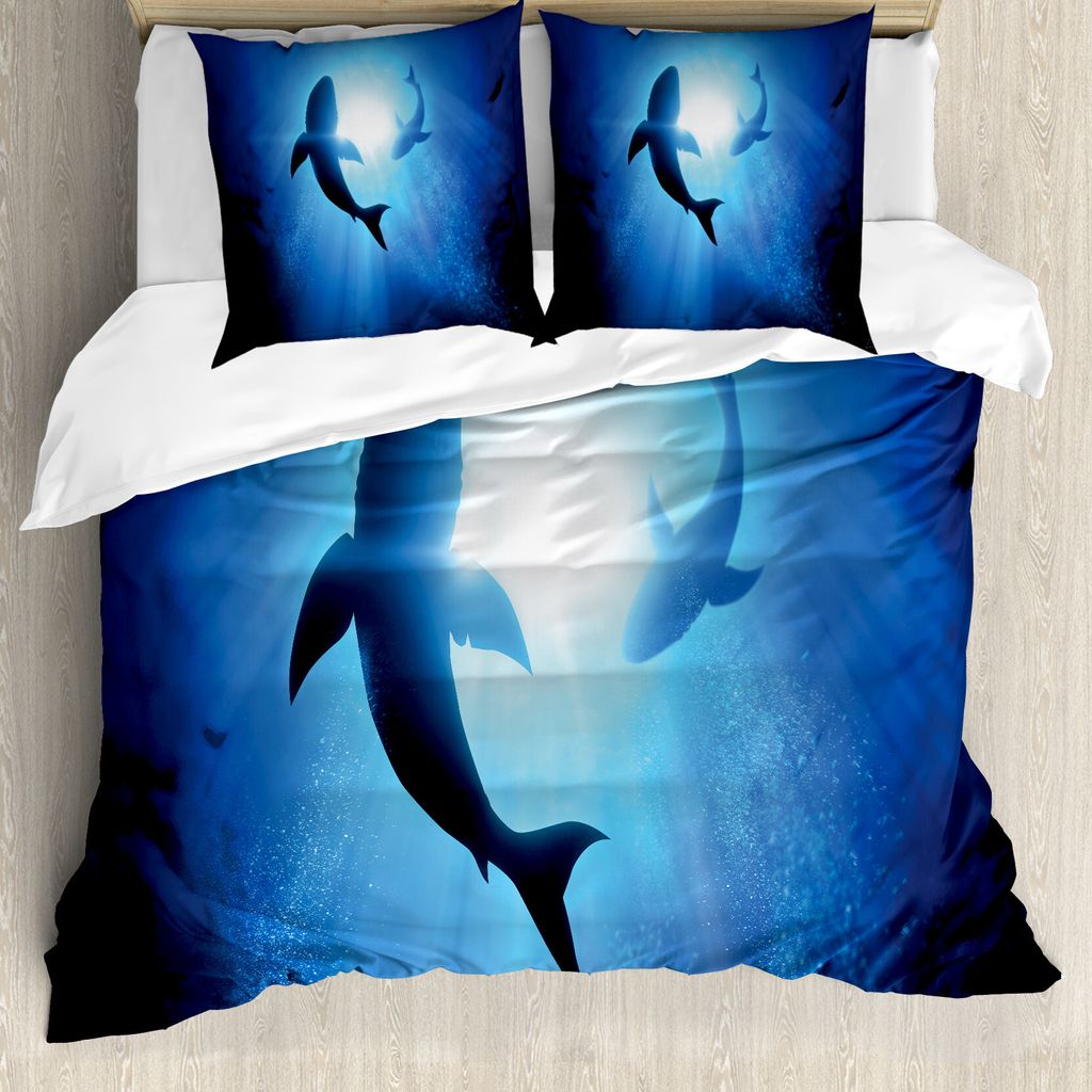 ABAKUHAUS Hai Bettbezug, Fische Umkreisen in Ocean, Milbensicher Allergiker geeignet mit Kissenbezügen, 200 cm x 200 cm - 80 x 80 cm, Königsblau