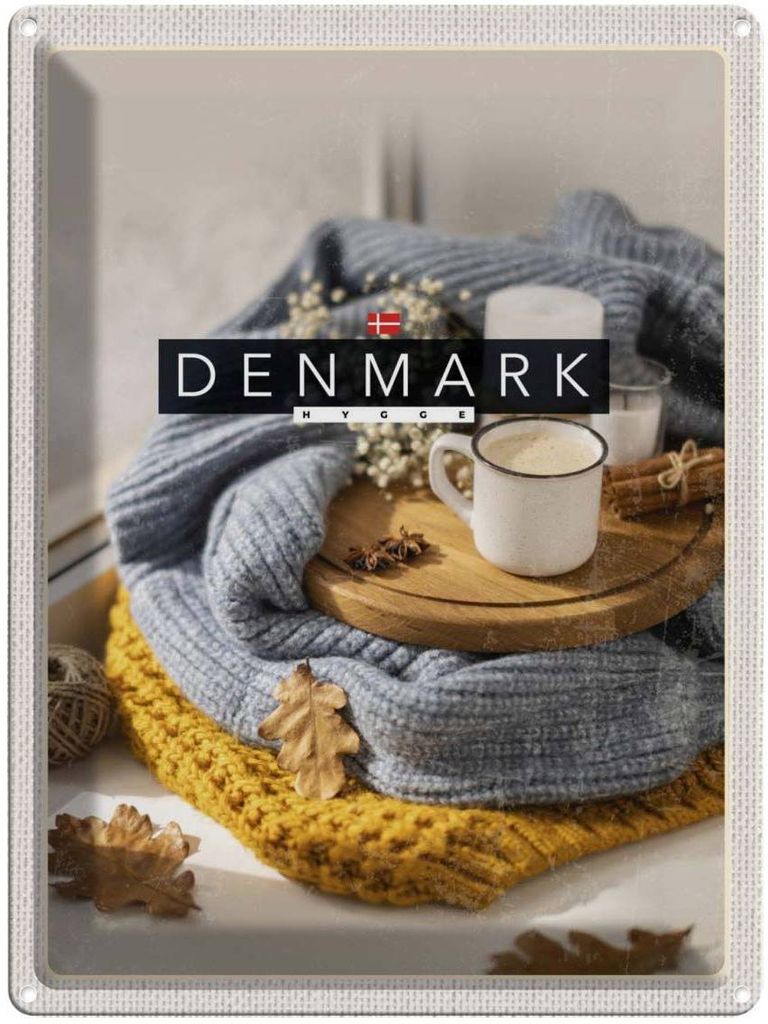vianmo Blechschild 40x30 cm Dänemark Wollpullover Tasse Zimtstange Bildmotiv Reisemotiv Abenteuer Reisen Europa Urlaub