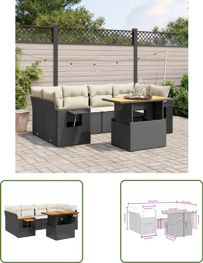 The Living Store 7-tlg. Garten-Sofagarnitur mit Kissen Schwarz Poly Rattan