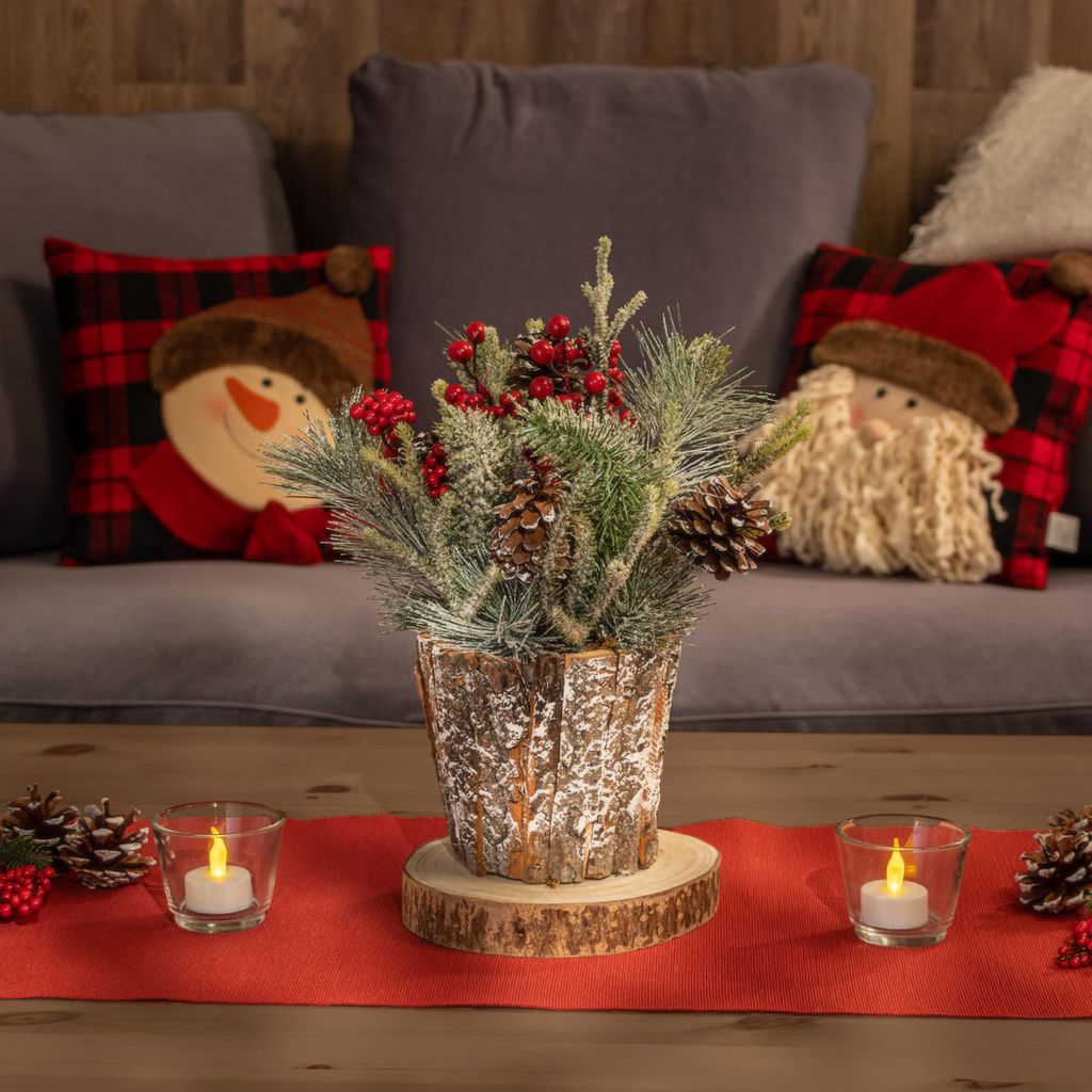 com-four Deko-Gesteck Weihnachten - Tolle Tischdeko im Rinden-Topf für die Adventszeit - kleiner winterlicher Tischschmuck mit roten Beeren, Dek...