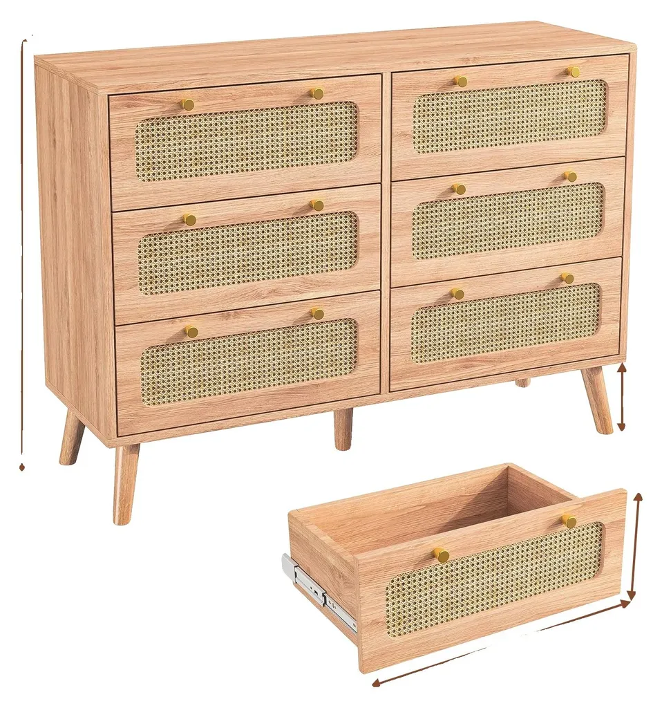 Commode 6 tiroirs bois rustique et métal noir pour chambre et salon