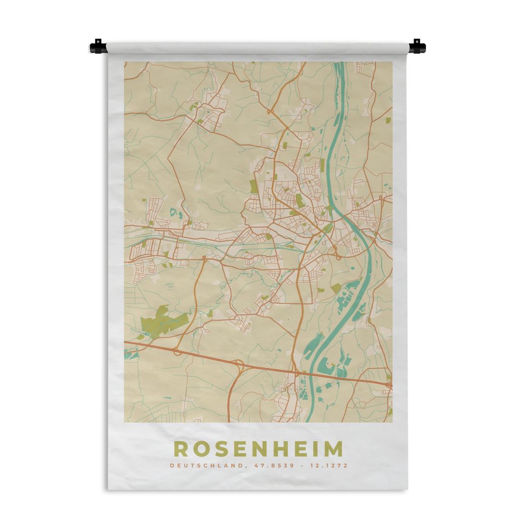 MuchoWow Wandteppich Wandbehang Rosenheim - Karte - Vintage - Stadtplan 120x180 cm Tapisserie Dekoration Wandtuch - Schlafzimmer - Dekorationen f...