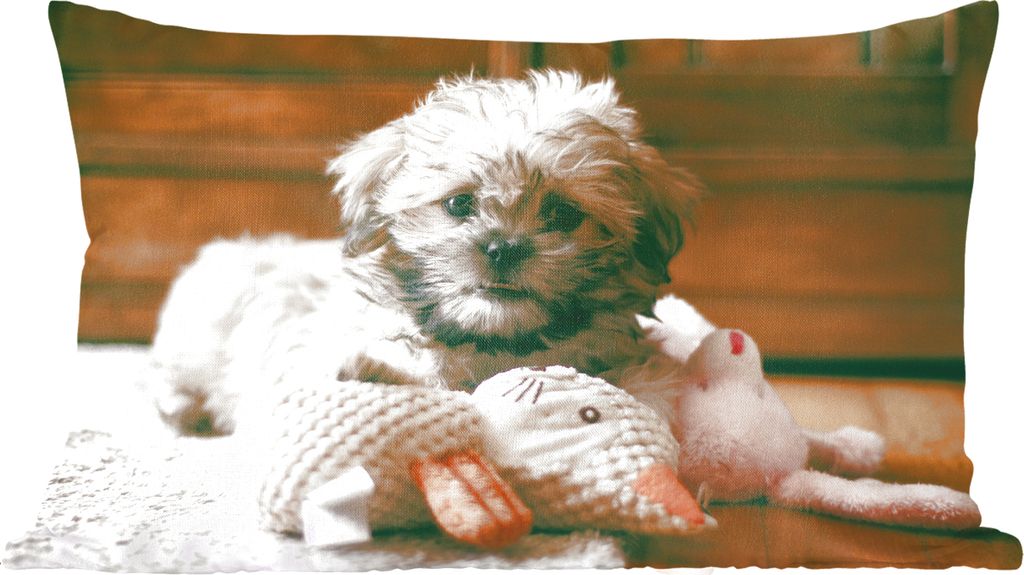 MuchoWow Zierkissen Sofakissen Wohnzimmer Dekokissen 50x30 cm Ein Shih Tzu-Hund, der auf dem Boden kuschelt - Wohnzimmerdekoration - Polster mit ...