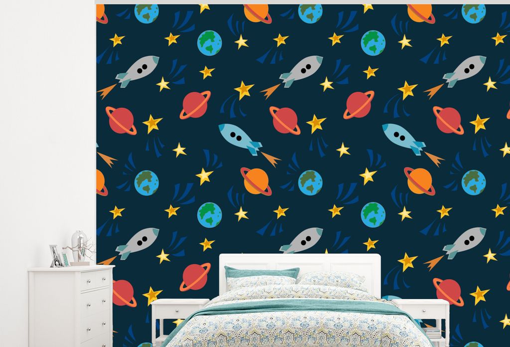 MuchoWow Fototapete für Wohnzimmer oder Schlafzimmer Wandtapete Vinyl Motivtapete Muster - Erde - Weltraum - Rakete - Jungen - Kinder - Kinder -...