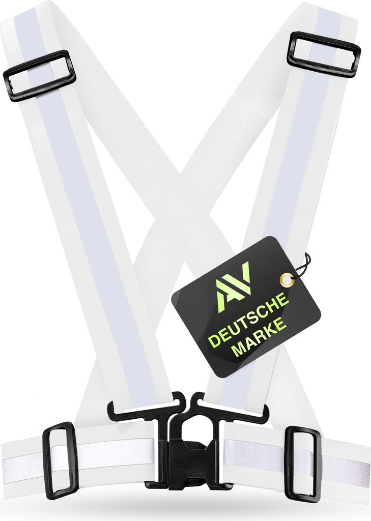 A white reflective safety vest with black buckles and a black tag with green text and logo.